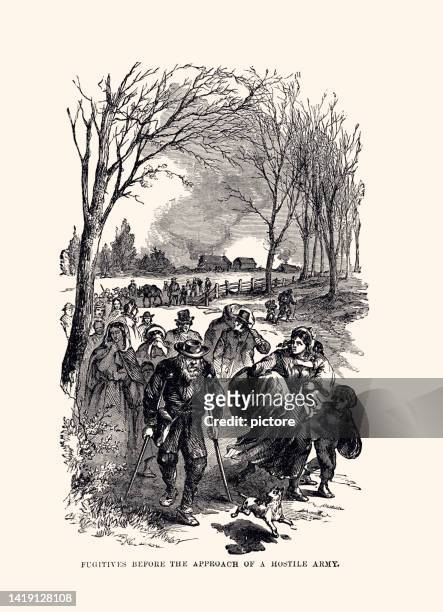 american civil war: fugitives before the approach of a hostile army (xxxl with lots of details) - civilian stock illustrations