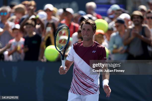 Casper Ruud of Norway celebrates after defeating Kyle Edmund of Great Britain during the Men's Singles First Round on Day One of the 2022 US Open at...