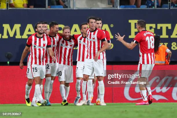 Gorka Guruzeta of Athletic Club celebrates with teammates after scoring their team's second goal during the LaLiga Santander match between Cadiz CF...