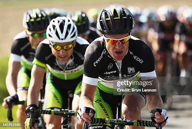 Stuart O'Grady of Australia and the GreenEdge Cycling Team leads the peloton during the 74th edition of the Gent - Wevelgem one day cycle race on...