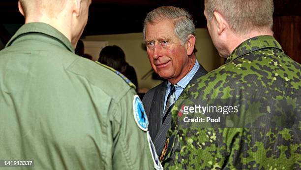 Prince Charles, Prince of Wales, speaks to veterans from the war in Afghanistan during a reception at Kastellet Northern Depot, at the National...