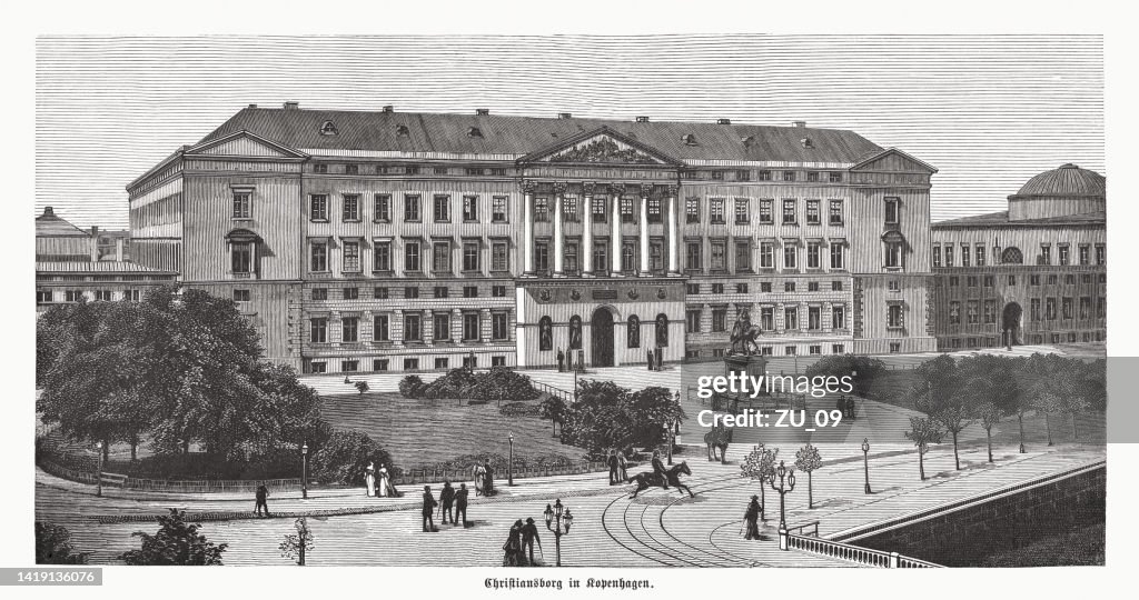 Christiansborg Palace in Copenhagen, Denmark, wood engraving, published in 1885