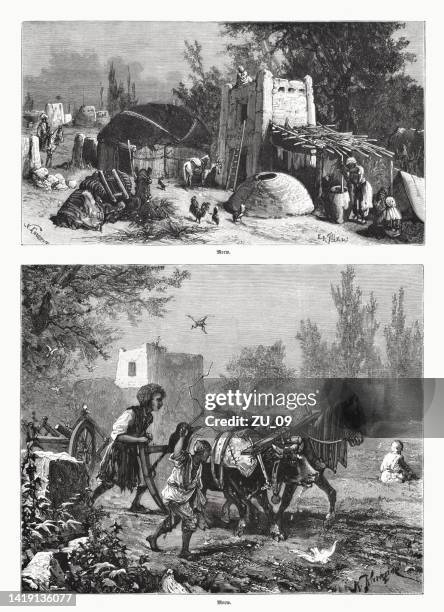 historische ansichten von merv, turkmenistan, holzstiche, veröffentlicht 1885 - seidenstraße stock-grafiken, -clipart, -cartoons und -symbole