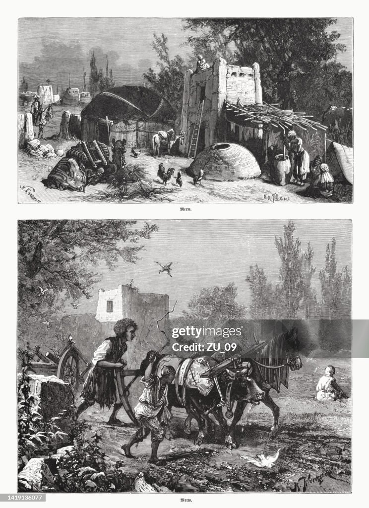 Historical views of Merv, Turkmenistan, wood engravings, published in 1885