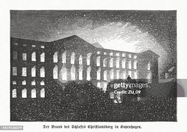 fire of the second christiansborg palace (copenhagen, denmark) in 1884 - christiansborg palace stock illustrations