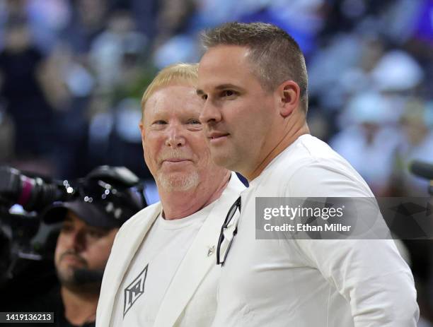 Las Vegas Raiders owner and managing general partner and Las Vegas Aces owner Mark Davis and head coach Josh McDaniels of the Raiders attend Game One...