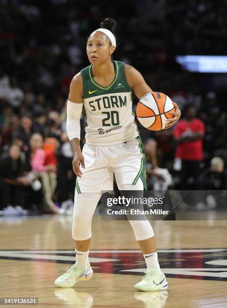 Briann January of the Seattle Storm brings the ball up the court against the Las Vegas Aces in the third quarter of Game One of the 2022 WNBA...