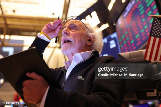 Stock trader Peter Tuchman works on the floor of the New York Stock Exchange during afternoon trading on August 29, 2022 in New York City. Stocks...