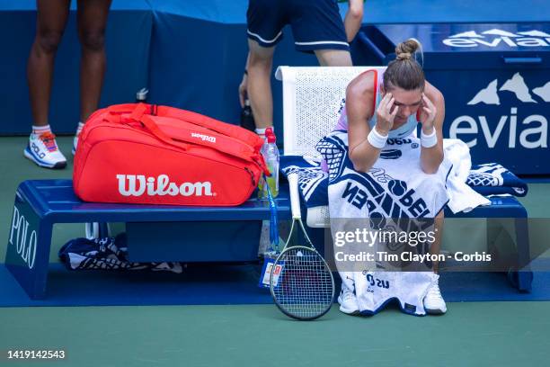 August 29: Simona Halep of Romania during her loss to Daria Snigur of Ukraine on Louis Armstrong Stadium in the Women's Singles round one match...