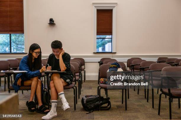 Two students study in a classroom at Rice University on August 29, 2022 in Houston, Texas. U.S. President Joe Biden has announced a three-part plan...