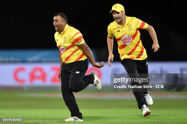 Samit Patel of Trent Rockets celebrates taking the wicket of Joe Clarke of Trent Rockets during The Hundred match between Trent Rockets Men and Welsh...