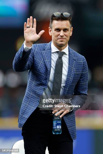 Seattle Mariners General Manager Jerry DiPoto is acknowledged during the Mariners Hall of Fame pregame ceremony prior to the game between the...