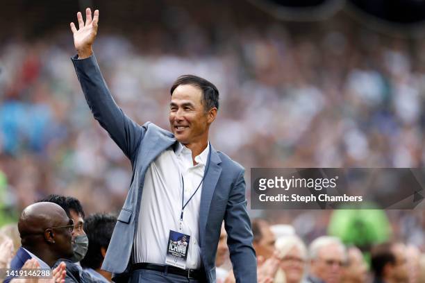 Shigetoshi Hasegawa, retired relief pitcher in Major League Baseball and Japanese television personality, is acknowledged during the Mariners Hall of...