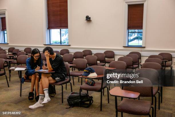 Two students study in a classroom at Rice University on August 29, 2022 in Houston, Texas. U.S. President Joe Biden has announced a three-part plan...