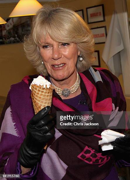 Camilla, Duchess of Cornwall enjoys an icecream from, Brostræde Fløde-IS, the oldest icecream shop in Denmark, during a tour of the old town on March...