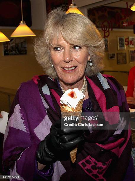 Camilla, Duchess of Cornwall enjoys an icecream from, Brostræde Fløde-IS, the oldest icecream shop in Denmark during a tour of the old town on March...
