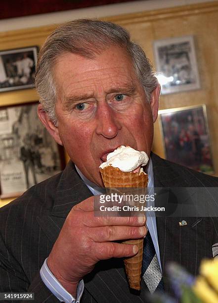 Prince Charles, Prince of Wales enjoys an icecream from, Brostræde Fløde-IS, the oldest icecream shop in Denmark during a tour of the old town on...