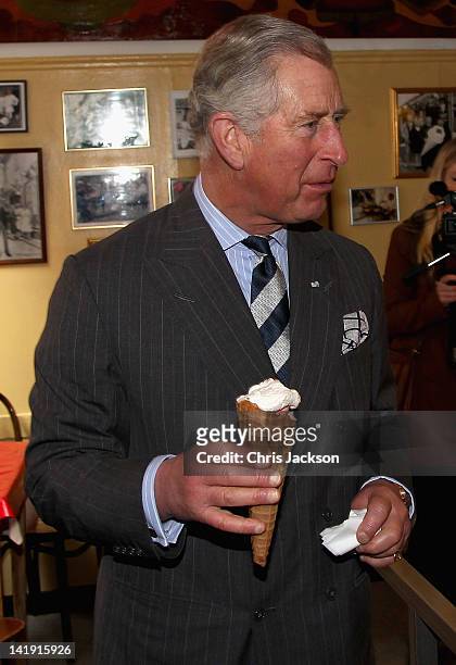 Prince Charles, Prince of Wales enjoys an icecream from, Brostræde Fløde-IS, the oldest icecream shop in Denmark during a tour of the old town on...