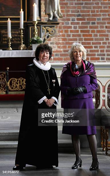 Camilla, Duchess of Cornwall visits St Mary's Church during a tour of the old town on March 26, 2012 in Elsinore, Denmark. Prince Charles, Prince of...