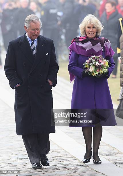 Camilla, Duchess of Cornwall and Prince Charles, Prince of Wales visit Kronborg Castle during a tour of the old town on March 26, 2012 in Elsinore,...