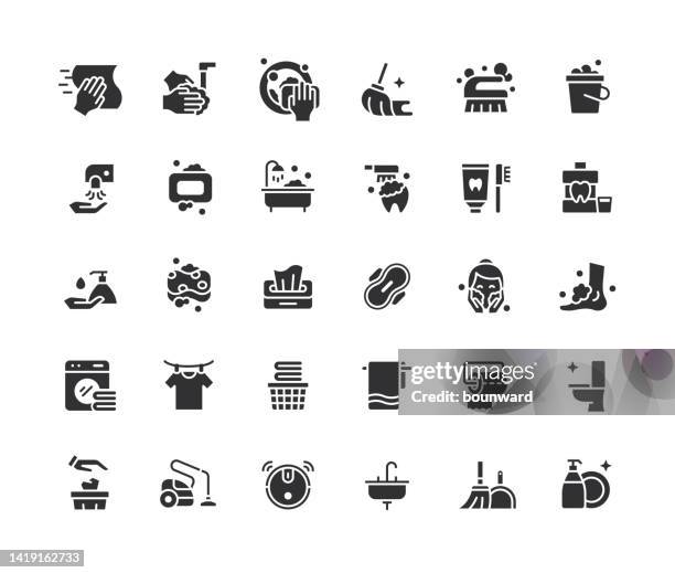 ilustraciones, imágenes clip art, dibujos animados e iconos de stock de iconos de limpieza de higiene de relleno negro - casa domotica