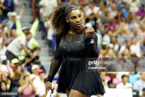 Serena Williams of the United States reacts to a point against Danka Kovinic of Montenegro during the Women's Singles First Round on Day One of the...