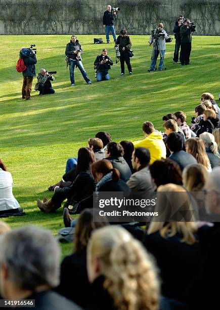 Members of the public outside the Soeverein Arena during the funeral ceremony for those who died in the Sierre Bus Crash on March 22, 2012 in...