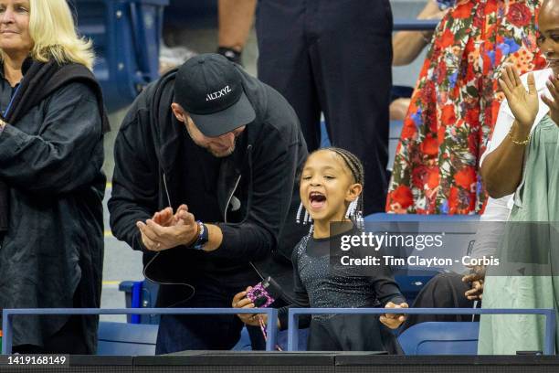 August 29: Serena Williams's daughter Olympia and husband Alexis Ohanian take pictures and cheer as Serena Williams of the United States enters the...