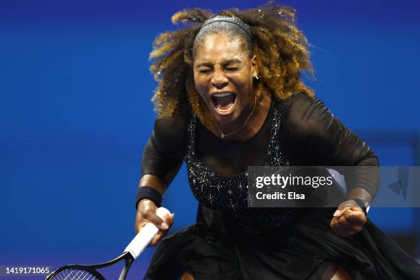 Serena Williams of the United States reacts after winning the first set against Danka Kovinic of Montenegro during the Women's Singles First Round on...