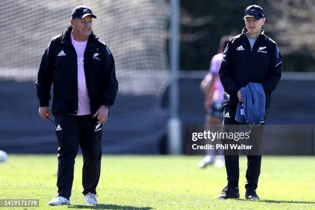 All Black Head Coach Ian Foster and assistant Joe Schmidt during a New Zealand All Blacks Training Session at Beetham Park on August 30, 2022 in...