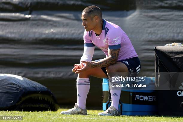 Aaron Smith od the All Blacks looks on during a New Zealand All Blacks Training Session at Beetham Park on August 30, 2022 in Hamilton, New Zealand.