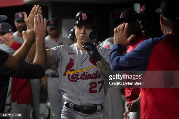 Tyler O'Neill of the St. Louis Cardinals celebrates his solo home run in the second inning against the Cincinnati Reds at Great American Ball Park on...