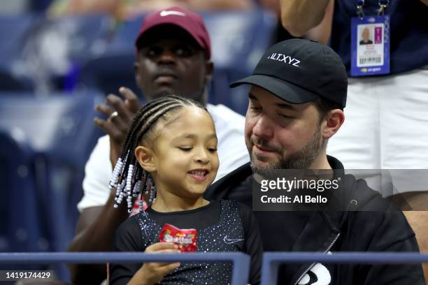 Alexis Ohanian and Alexis Olympia Ohanian Jr., husband and daughter of Serena Williams of the United States, are seen prior to Serena's match agains...