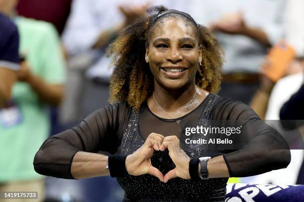 Serena Williams of the United States celebrates after defeating Danka Kovinic of Montenegro during the Women's Singles First Round on Day One of the...