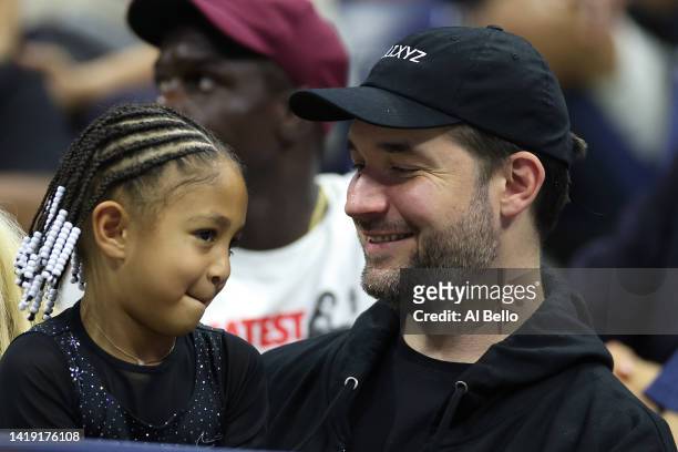 Alexis Olympia Ohanian Jr. And Alexis Ohanian, daughter and husband of Serena Williams of the United States, are seen prior to Serena's match against...