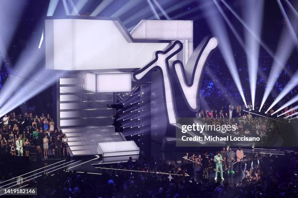 Lil Nas X and Jack Harlow accept the award for Best Collaboration at the 2022 MTV VMAs at Prudential Center on August 28, 2022 in Newark, New Jersey.
