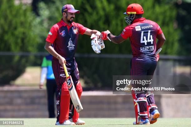 Jahmar Hamilton and Nasir Hossain of the Atlanta Fire start their batting partnership during a Minor League Cricket match between Ft Lauderdale Lions...