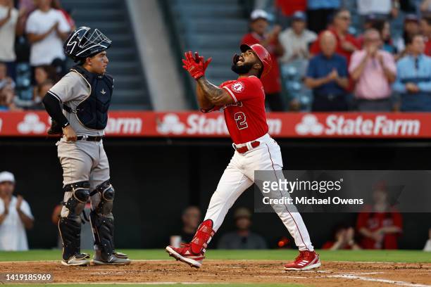 Luis Rengifo of the Los Angeles Angels celebrates a solo home run against the New York Yankees during the second inning at Angel Stadium of Anaheim...