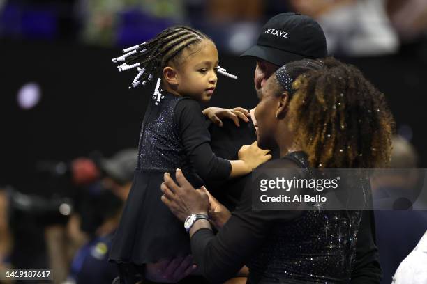 Serena Williams of the United States is greeted by her daughter Alexis Olympia Ohanian Jr. Following her victory against Danka Kovinic of Montenegro...