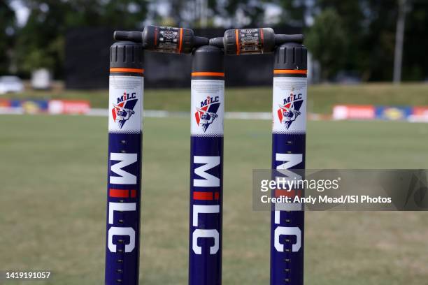 An MiLC labeled wicket before the second match of the Minor League Cricket Atlantic Conference semifinal series between the Morrisville Raptors and...