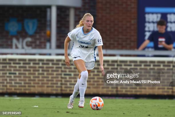 Tori Hansen of the University of North Carolina plays the ball during a game between Tennessee and North Carolina at Dorrance Field on August 18,...