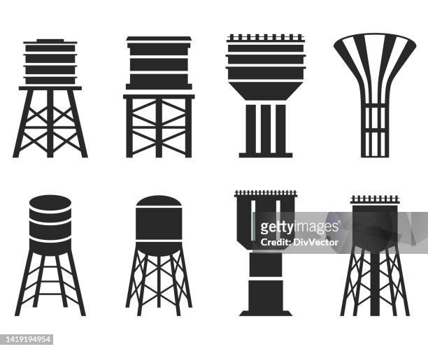 water tower icon set - water tower storage tank stock illustrations