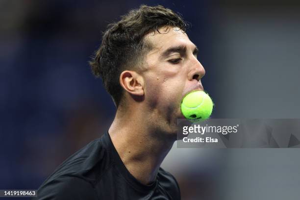 Thanasi Kokkinakis of Australia reacts against Nick Kyrgios of Australia during the Men's Singles First Round on Day One of the 2022 US Open at USTA...