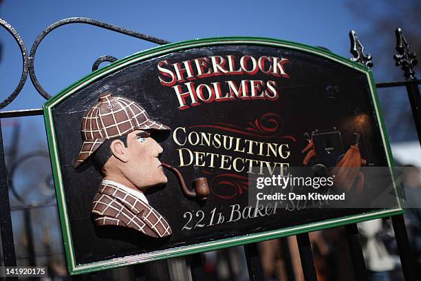 General view of the sign outside the former home of the fictional Character Sherlock Holmes on March 26, 2012 in London, England. 221B Baker Street...