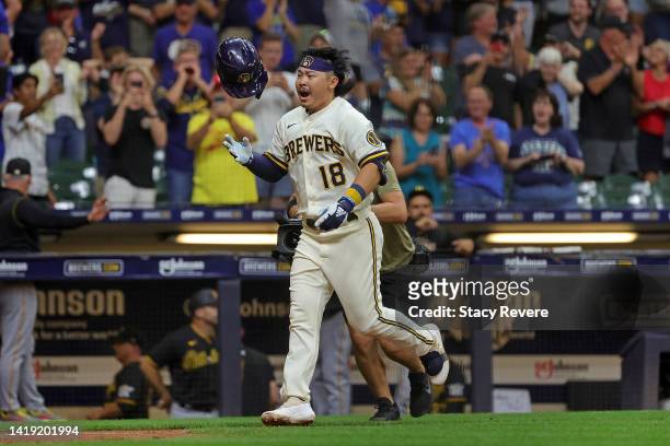 Keston Hiura of the Milwaukee Brewers celebrates following a walk off two run home run against the Pittsburgh Pirates during the ninth inning at...