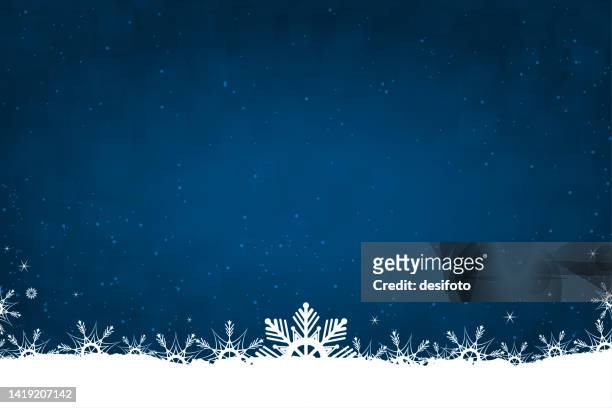 shiny christmas horizontal vector background in dark navy blue color with white snow and snowflakes as bottom border frills and twinkling shining stars all over - snow white eps stock illustrations