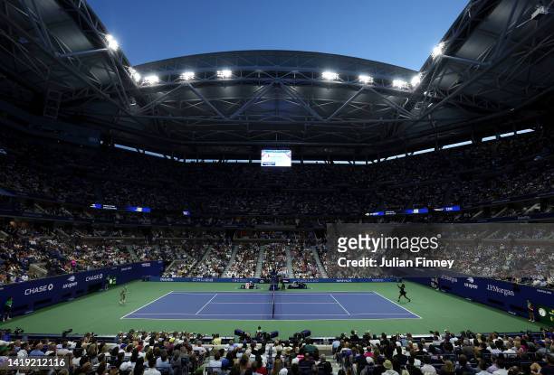 General view of Serena Williams of the United States against Danka Kovinic of Montenegro during the Women's Singles First Round on Day One of the...
