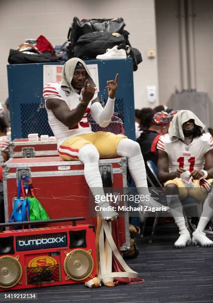 Deebo Samuel of the San Francisco 49ers in the locker room before the game against the Houston Texans at NRG Stadium on August 25, 2022 in...