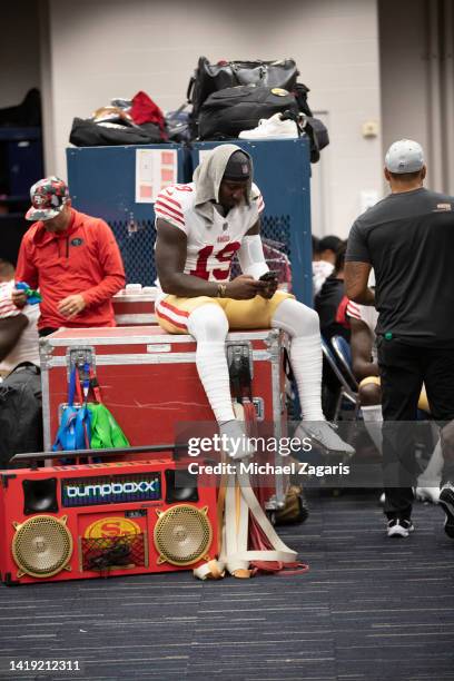 Deebo Samuel of the San Francisco 49ers in the locker room before the game against the Houston Texans at NRG Stadium on August 25, 2022 in...