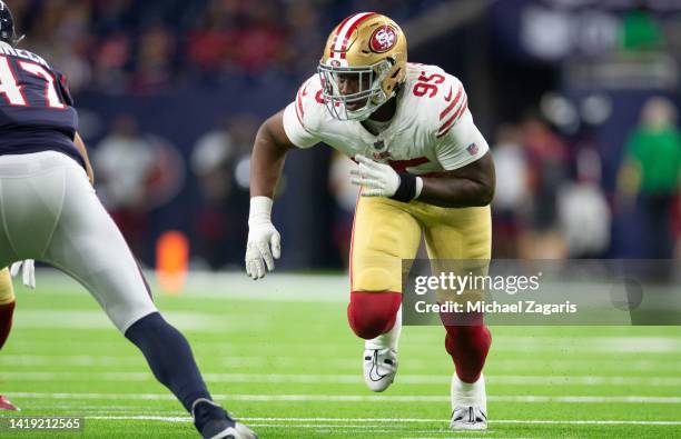 Drake Jackson of the San Francisco 49ers rushes the quarterback during the game against the Houston Texans at NRG Stadium on August 25, 2022 in...